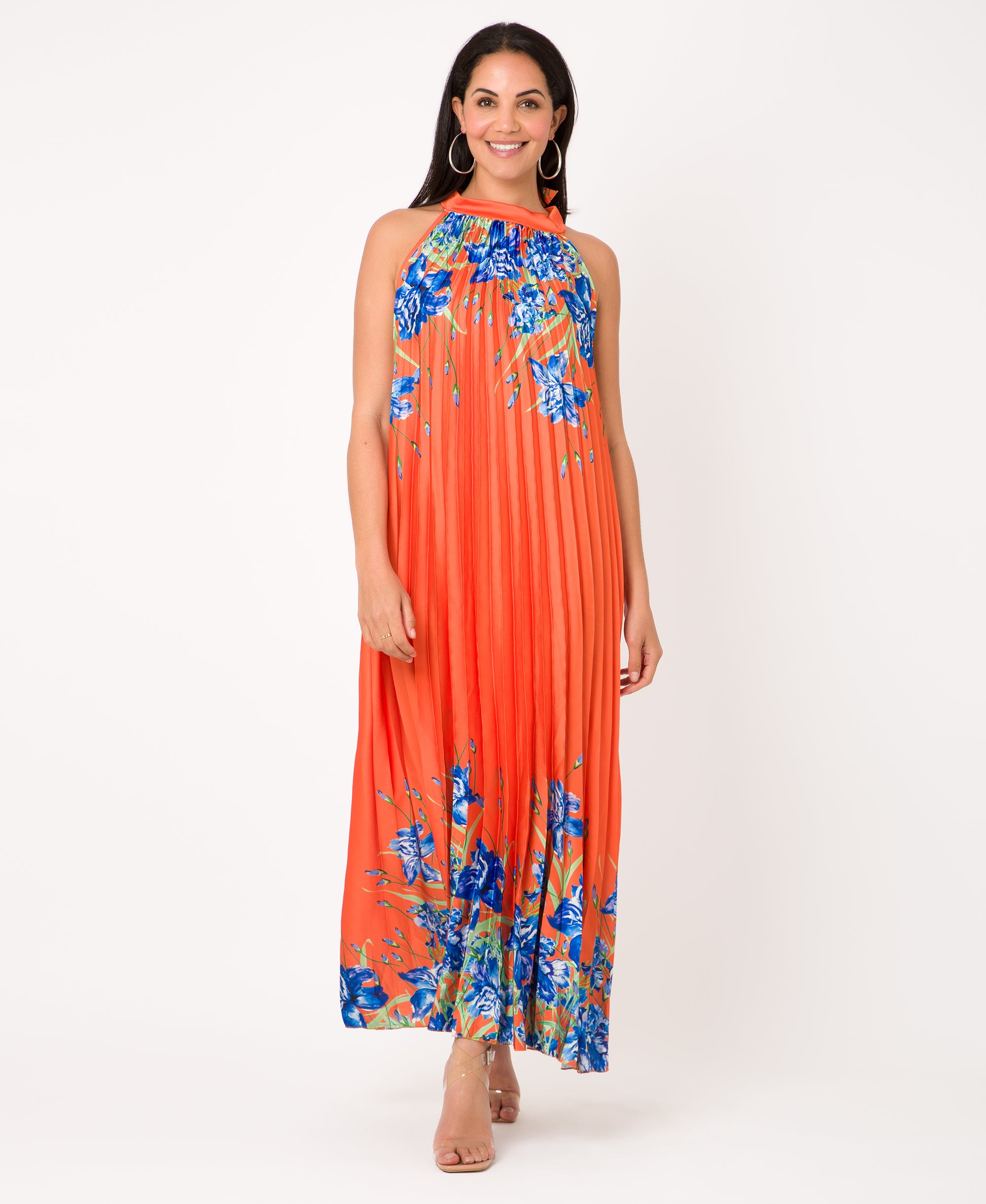 KRISP Floral Print Pleated Satin Halterneck Maxi Dress (11110)